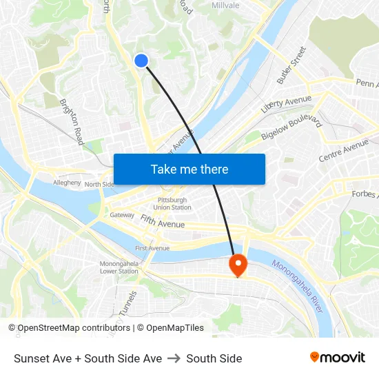Sunset Ave + South Side Ave to South Side map