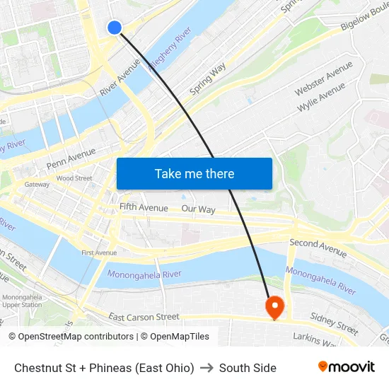 Chestnut St + Phineas (East Ohio) to South Side map