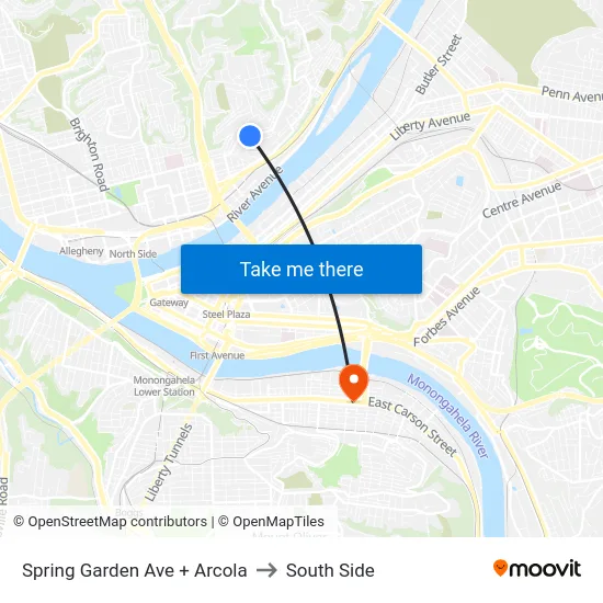Spring Garden Ave + Arcola to South Side map