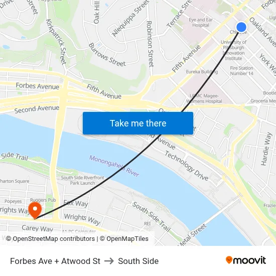 Forbes Ave + Atwood St to South Side map