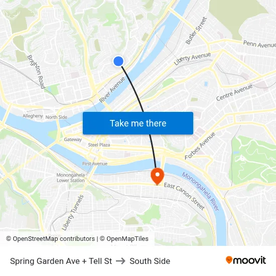 Spring Garden Ave + Tell St to South Side map