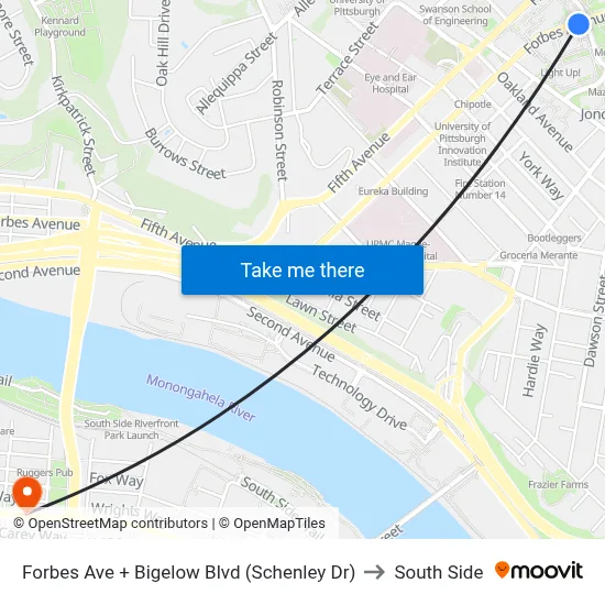 Forbes Ave + Bigelow Blvd (Schenley Dr) to South Side map