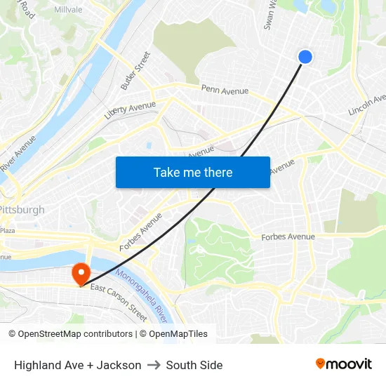 Highland Ave + Jackson to South Side map