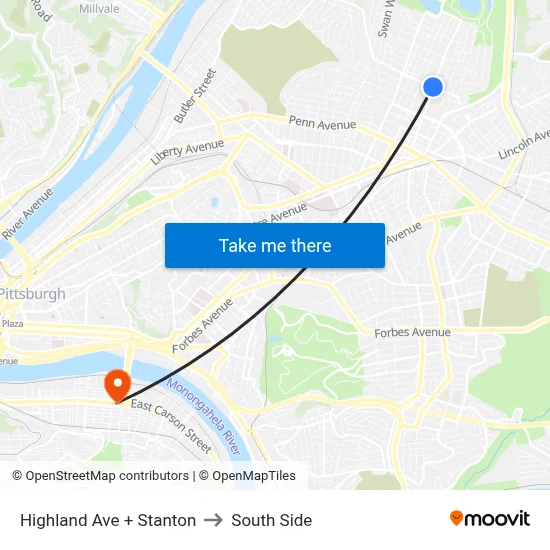 Highland Ave + Stanton to South Side map
