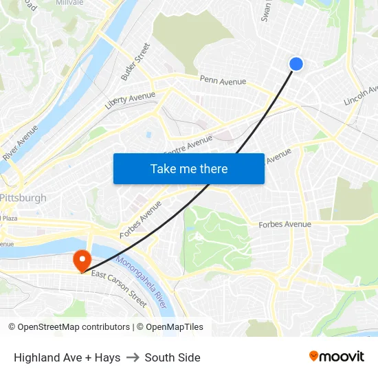 Highland Ave + Hays to South Side map