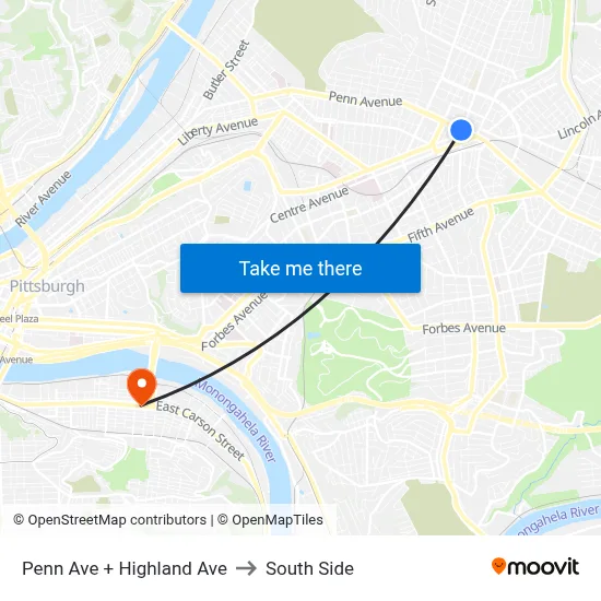 Penn Ave + Highland Ave to South Side map