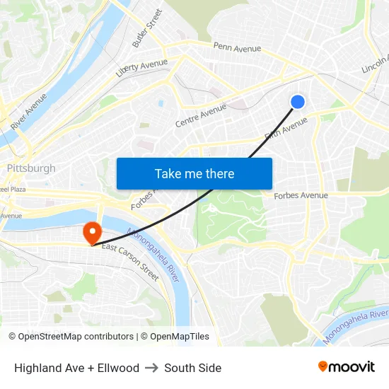Highland Ave + Ellwood to South Side map