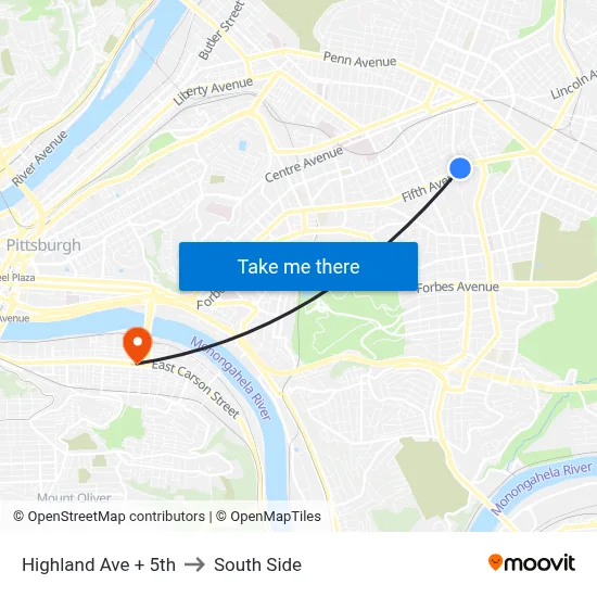 Highland Ave + 5th to South Side map