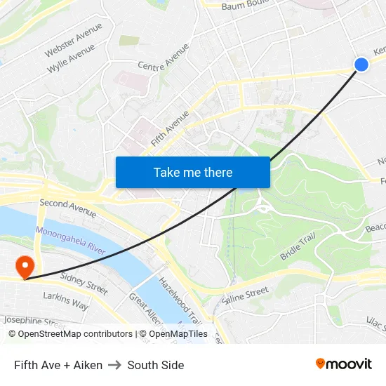 Fifth Ave + Aiken to South Side map