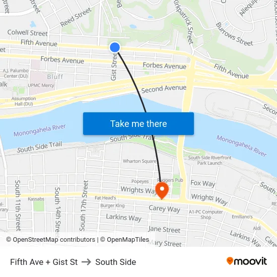 Fifth Ave + Gist St to South Side map