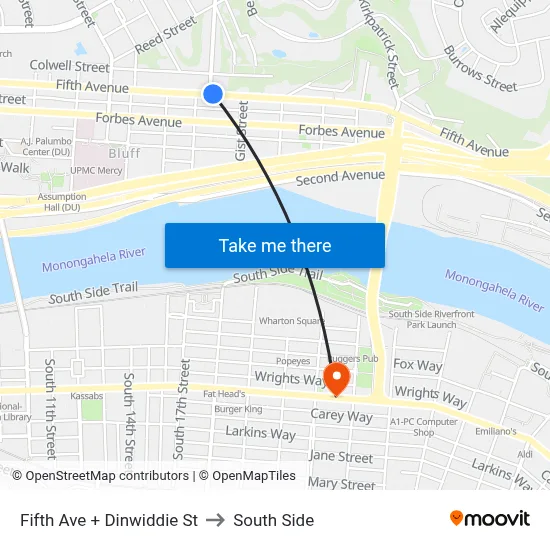 Fifth Ave + Dinwiddie St to South Side map