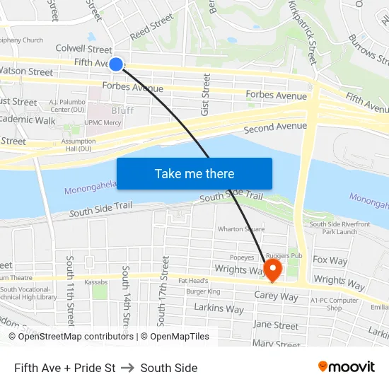 Fifth Ave + Pride St to South Side map