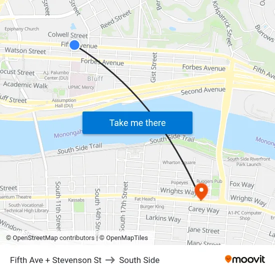 Fifth Ave + Stevenson St to South Side map