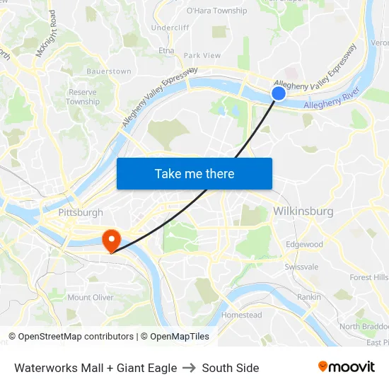 Waterworks Mall + Giant Eagle to South Side map