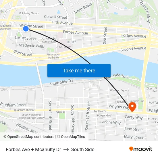 Forbes Ave + Mcanulty Dr to South Side map