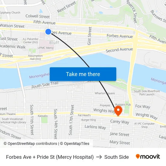 Forbes Ave + Pride St (Mercy Hospital) to South Side map