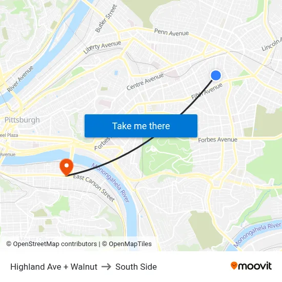 Highland Ave + Walnut to South Side map