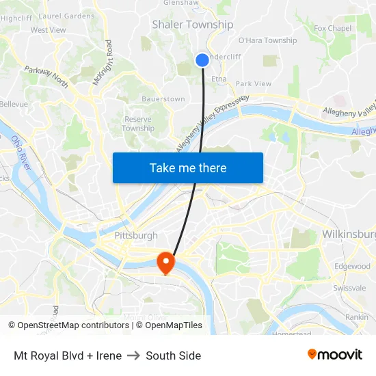 Mt Royal Blvd + Irene to South Side map