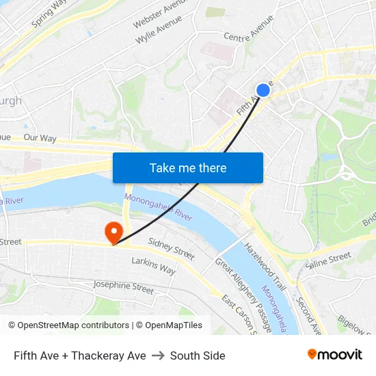 Fifth Ave + Thackeray Ave to South Side map