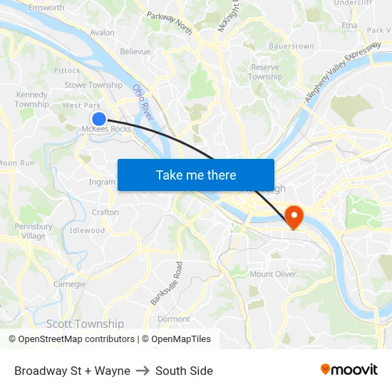 Broadway St + Wayne to South Side map