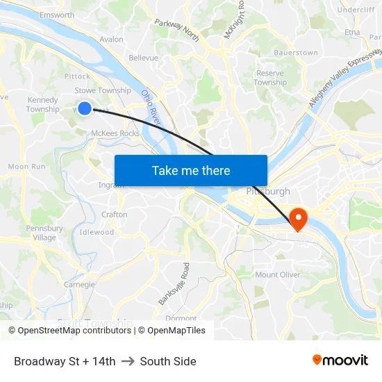Broadway St + 14th to South Side map