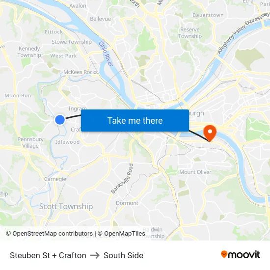 Steuben St + Crafton to South Side map