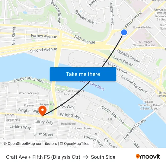 Craft Ave + Fifth FS (Dialysis Ctr) to South Side map