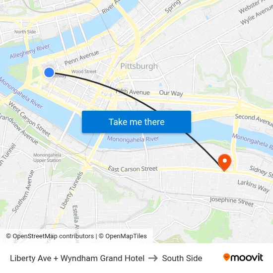 Liberty Ave + Wyndham Grand Hotel to South Side map