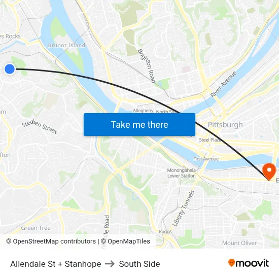 Allendale St + Stanhope to South Side map