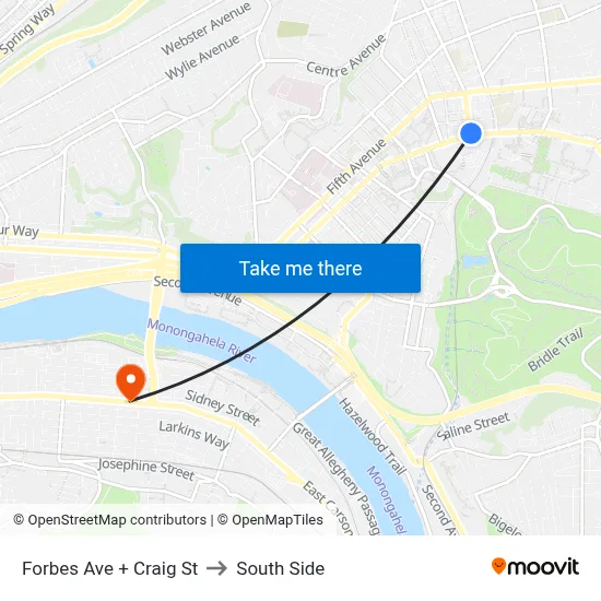 Forbes Ave + Craig St to South Side map