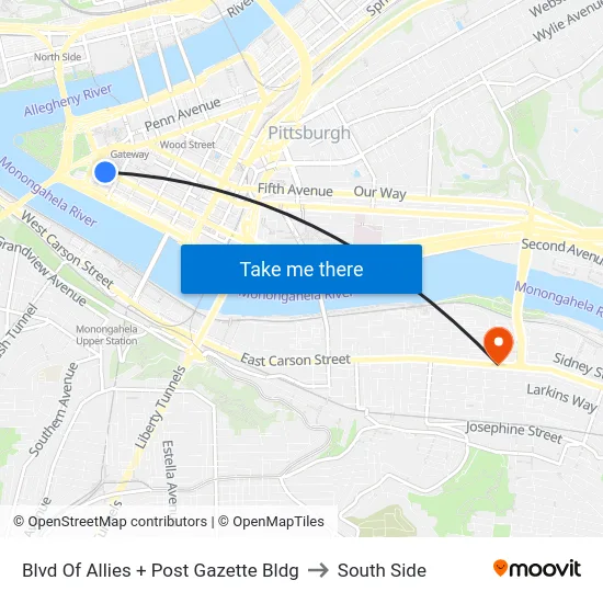 Blvd Of Allies + Post Gazette Bldg to South Side map