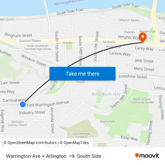 Warrington Ave + Arlington to South Side map