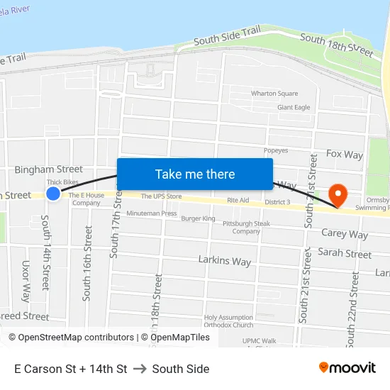 E Carson St + 14th St to South Side map