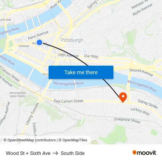 Wood St + Sixth Ave to South Side map