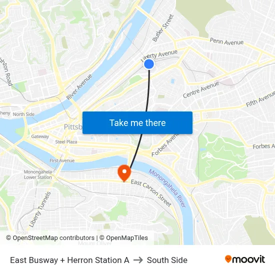 East Busway + Herron Station A to South Side map