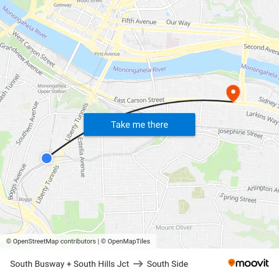 South Busway + South Hills Jct to South Side map