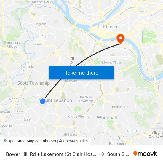 Bower Hill Rd + Lakemont (St Clair Hosp) to South Side map