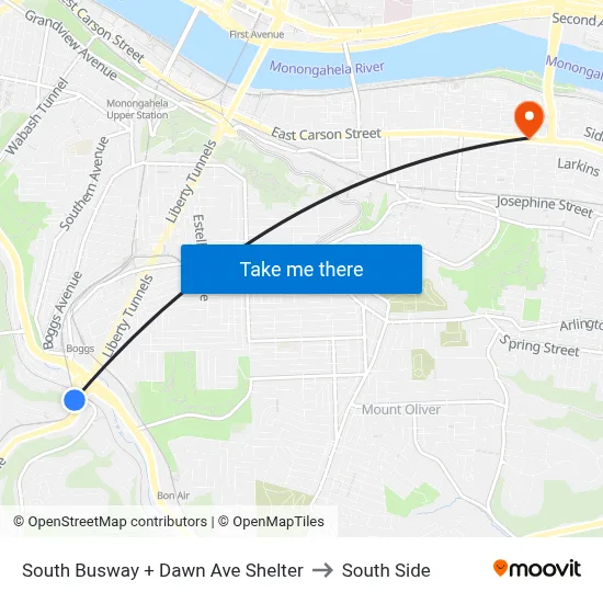 South Busway + Dawn Ave Shelter to South Side map