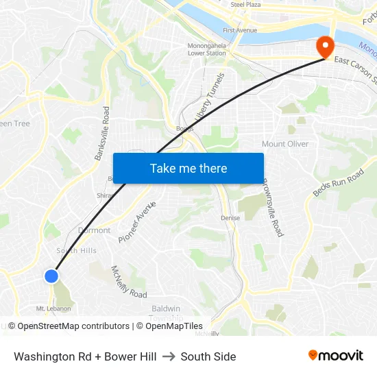 Washington Rd + Bower Hill to South Side map