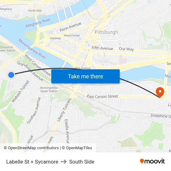 Labelle St + Sycamore to South Side map