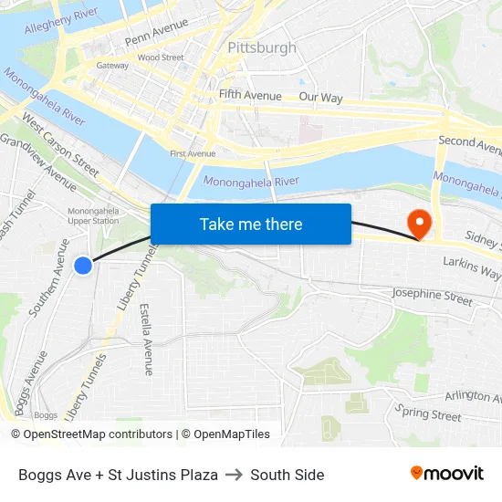 Boggs Ave + St Justins Plaza to South Side map