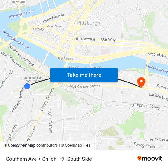 Southern Ave + Shiloh to South Side map