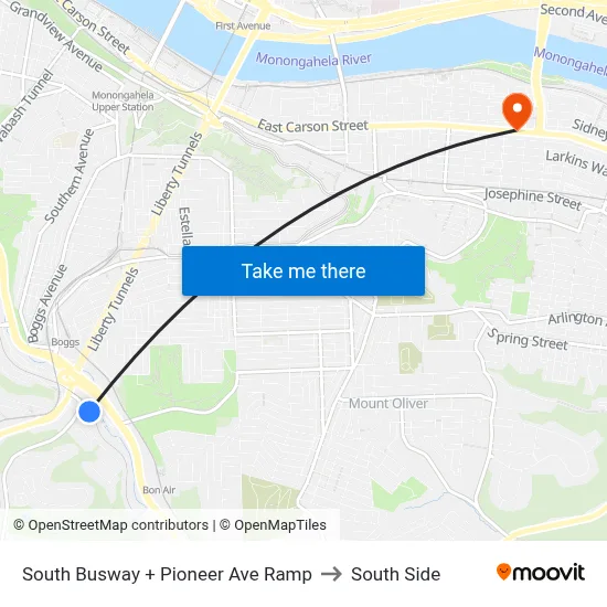 South Busway + Pioneer Ave Ramp to South Side map