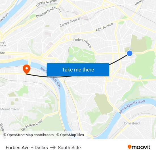 Forbes Ave + Dallas to South Side map