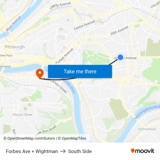 Forbes Ave + Wightman to South Side map