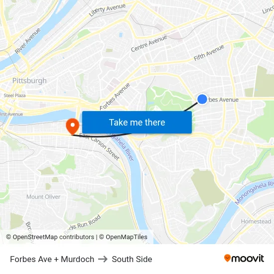 Forbes Ave + Murdoch to South Side map