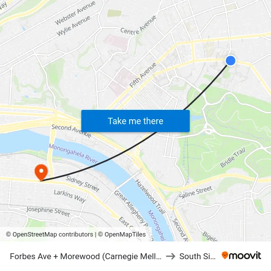 Forbes Ave + Morewood (Carnegie Mellon) to South Side map