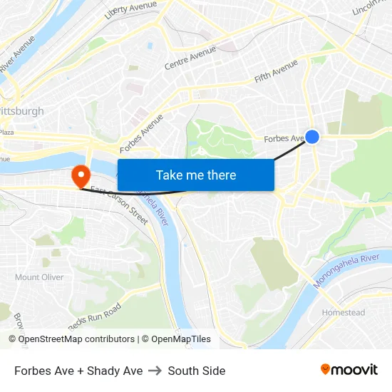 Forbes Ave + Shady Ave to South Side map
