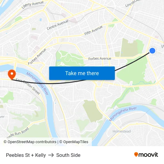 Peebles St + Kelly to South Side map