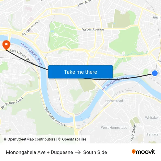 Monongahela Ave + Duquesne to South Side map